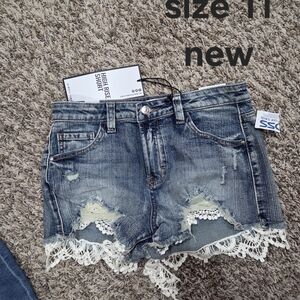 Distressed Denim Shorts with Lace Trim